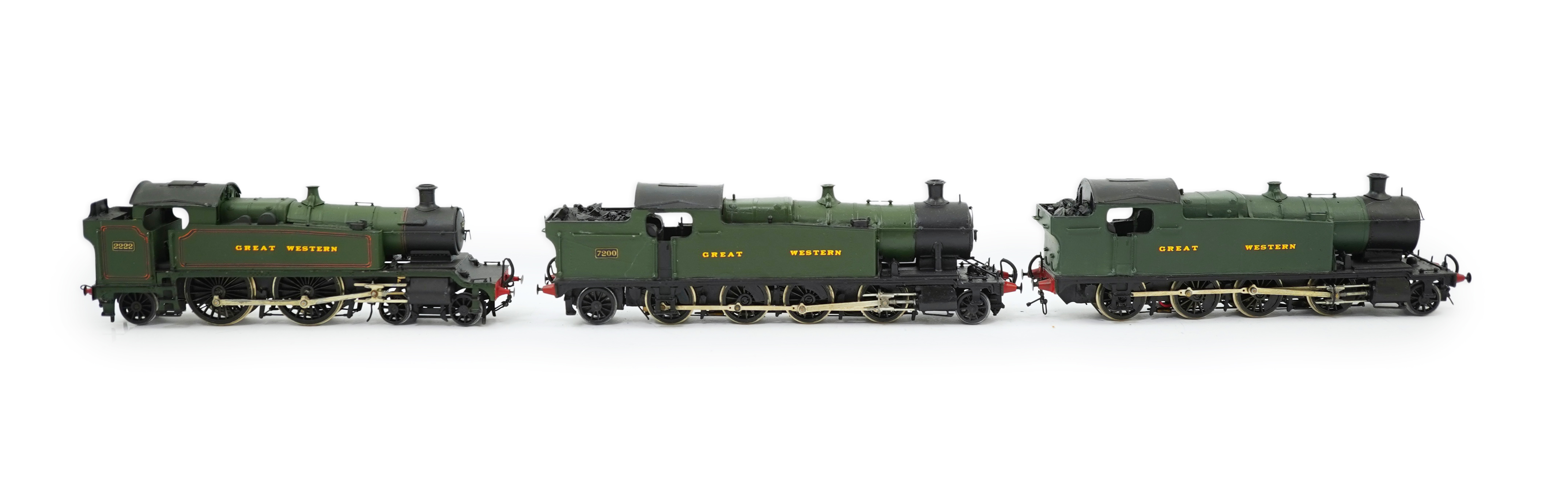 Three 00 gauge kit built GWR tank locomotives, two brass and white metal; a 42xx class 2-8-0T, 4200, together with an 72xx class 2-8-2T, 7200, plus a plastic/resin and metal 22xx class 4-4-2T, 2222, all constructed, pain